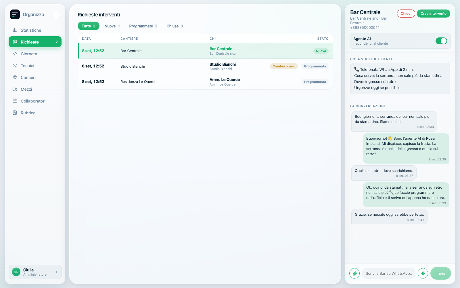 Le richieste dei clienti in Organizzo: la conversazione WhatsApp con il Bar Centrale, dove l’agente chiede quale serranda e poi passa la richiesta all’ufficio.